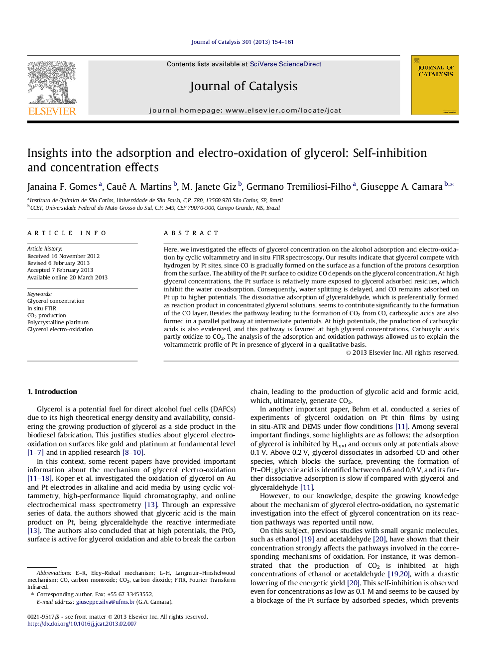 Insights into the adsorption and electro-oxidation of glycerol: Self-inhibition and concentration effects