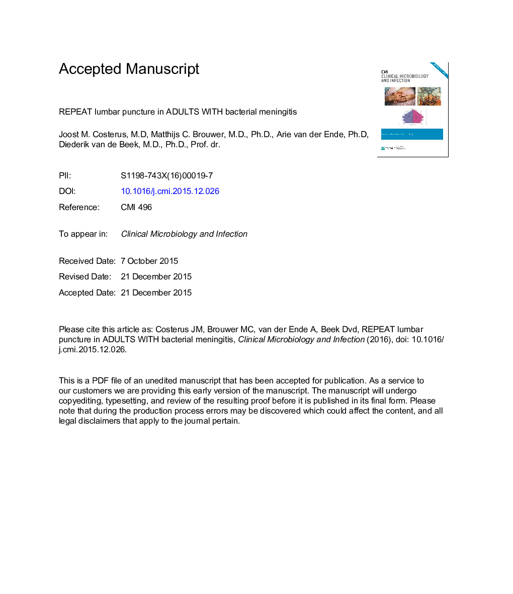 Repeat lumbar puncture in adults with bacterial meningitis