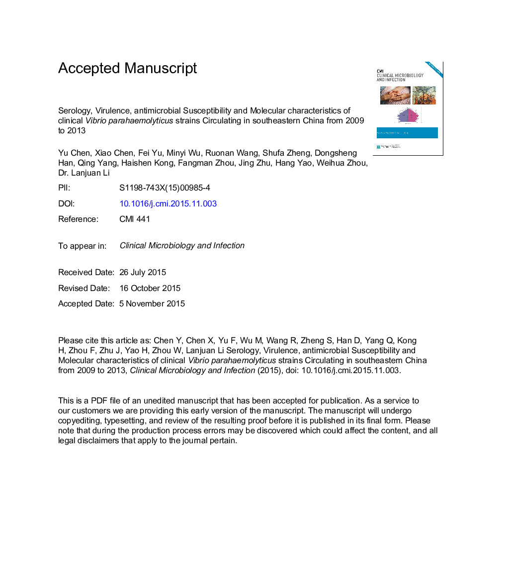 Serology, virulence, antimicrobial susceptibility and molecular characteristics of clinical Vibrio parahaemolyticus strains circulating in southeastern China from 2009 to 2013