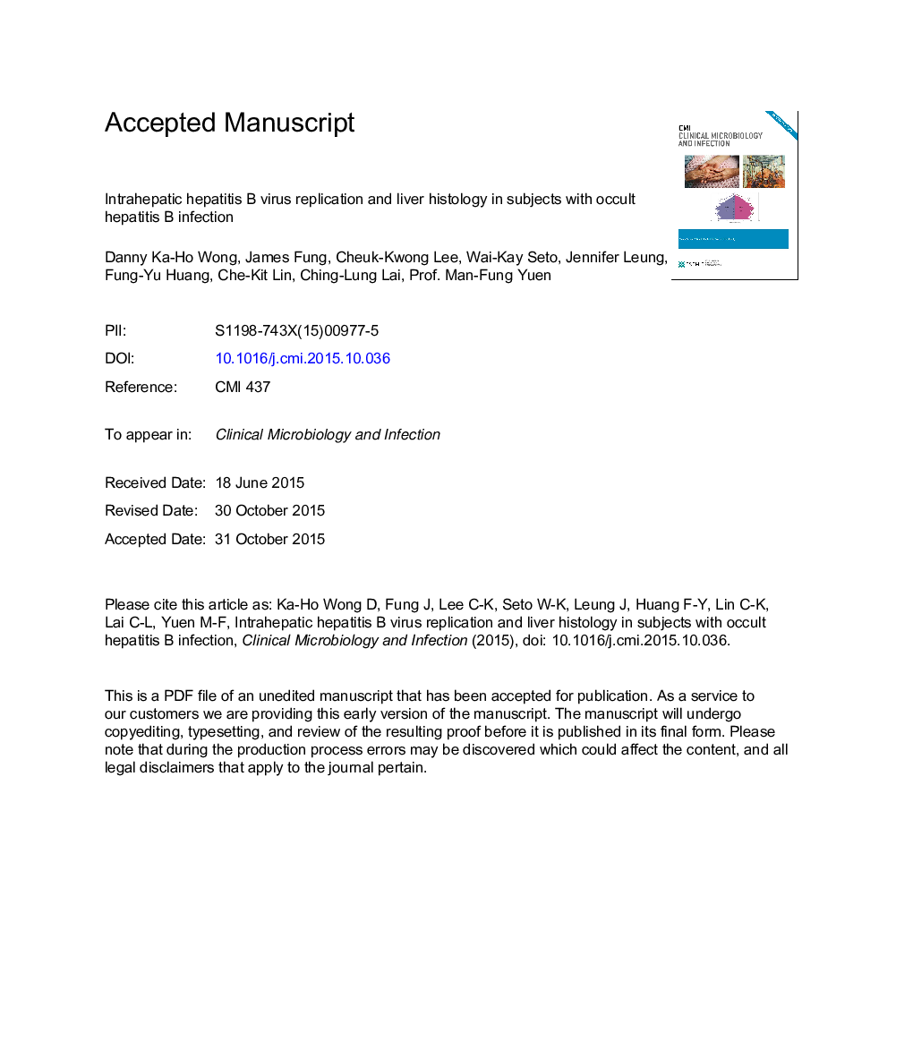 Intrahepatic hepatitis B virus replication and liver histology in subjects with occult hepatitis B infection