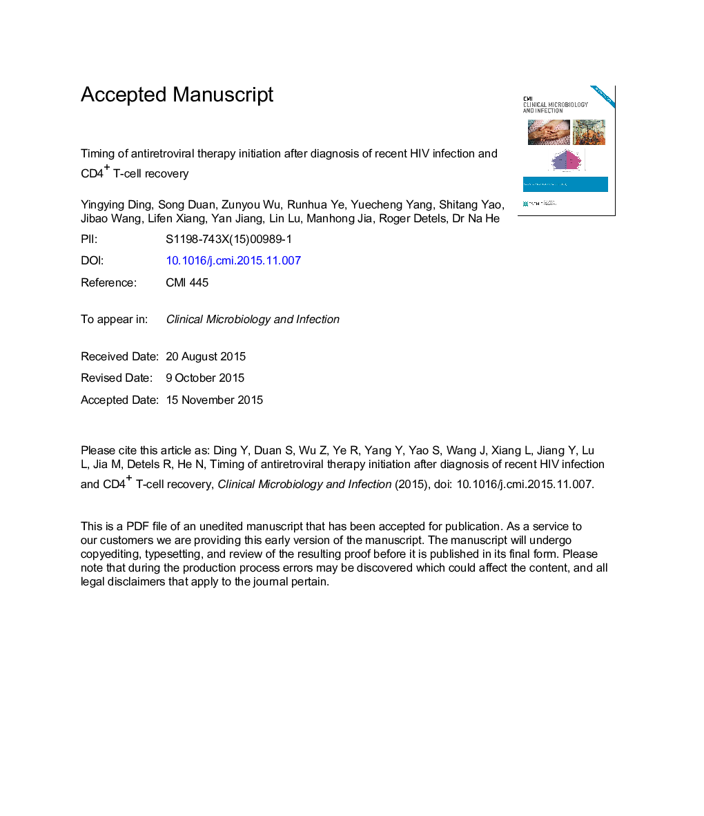 Timing of antiretroviral therapy initiation after diagnosis of recent human immunodeficiency virus infection and CD4+ T-cell recovery