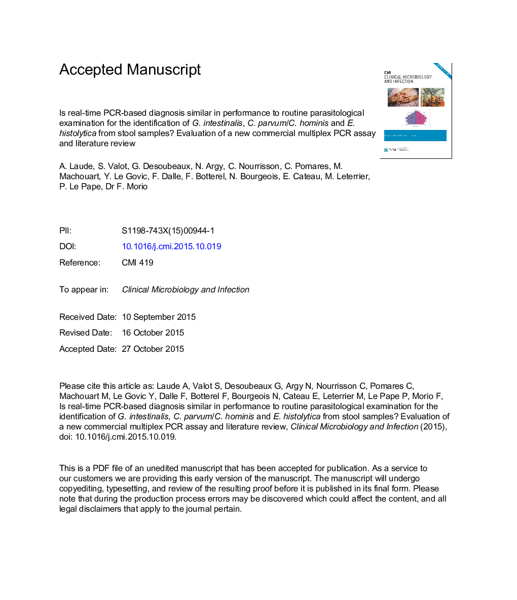 Is real-time PCR-based diagnosis similar in performance to routine parasitological examination for the identification of Giardia intestinalis, Cryptosporidium parvum/Cryptosporidium hominis and Entamoeba histolytica from stool samples? Evaluation of a new