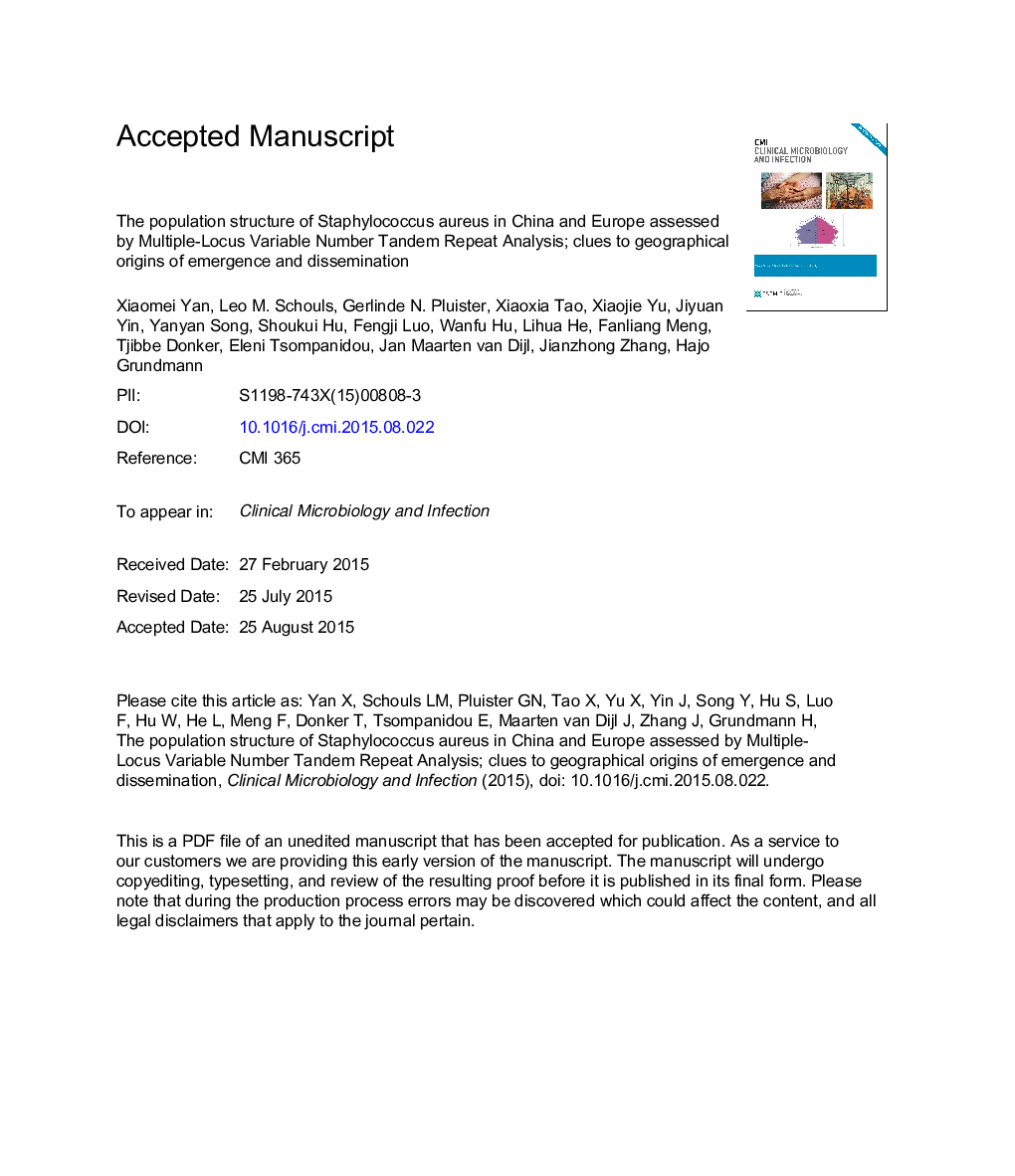 ساختار جمعیتی استافیلوکوکوس اورئوس در چین و اروپا با استفاده از تجزیه و تحلیل تکرار یک بار متغیر چند متغیره؛ سرنخ ها به ریشه های جغرافیایی ظهور و انتشار 