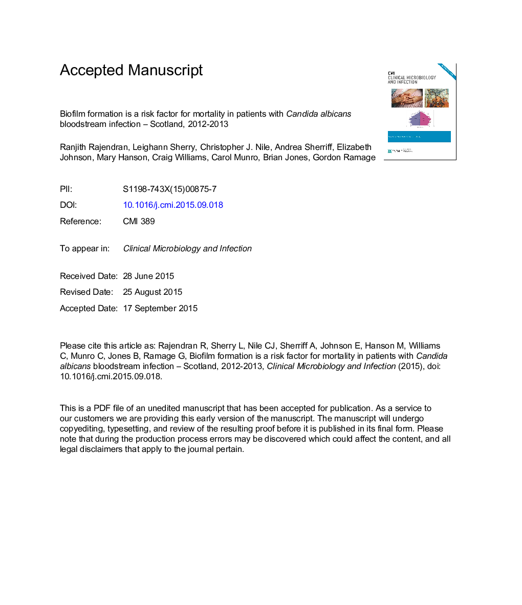 Biofilm formation is a risk factor for mortality in patients with Candida albicans bloodstream infection-Scotland, 2012-2013