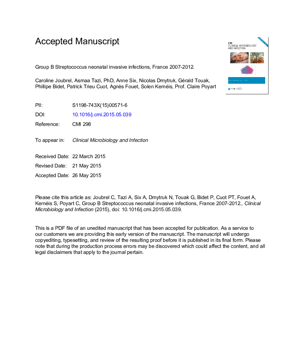 Group B streptococcus neonatal invasive infections, France 2007-2012