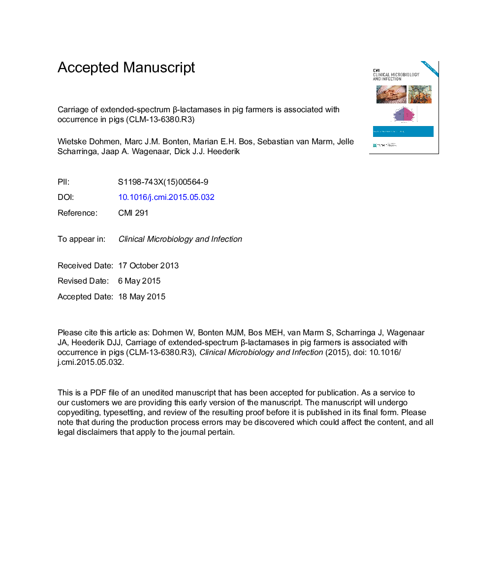 Carriage of extended-spectrum Î²-lactamases in pig farmers is associated with occurrence in pigs