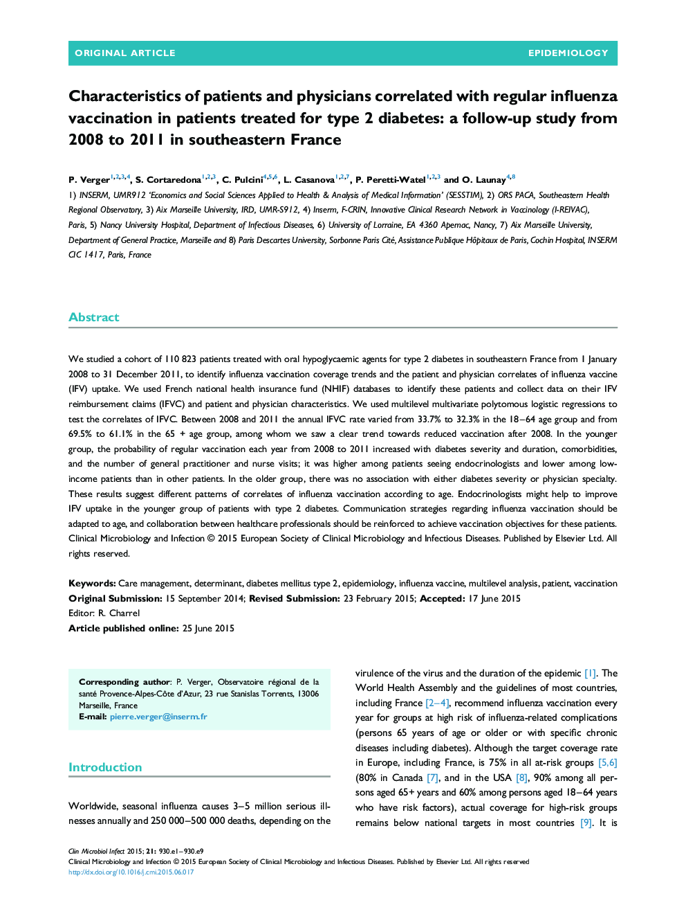 خصوصیات بیماران و پزشکان با واکسیناسیون منظم آنفولانزا در بیماران تحت درمان با دیابت نوع 2: یک مطالعه پیگیری در سالهای 2008 تا 2011 در جنوب شرقی فرانسه 