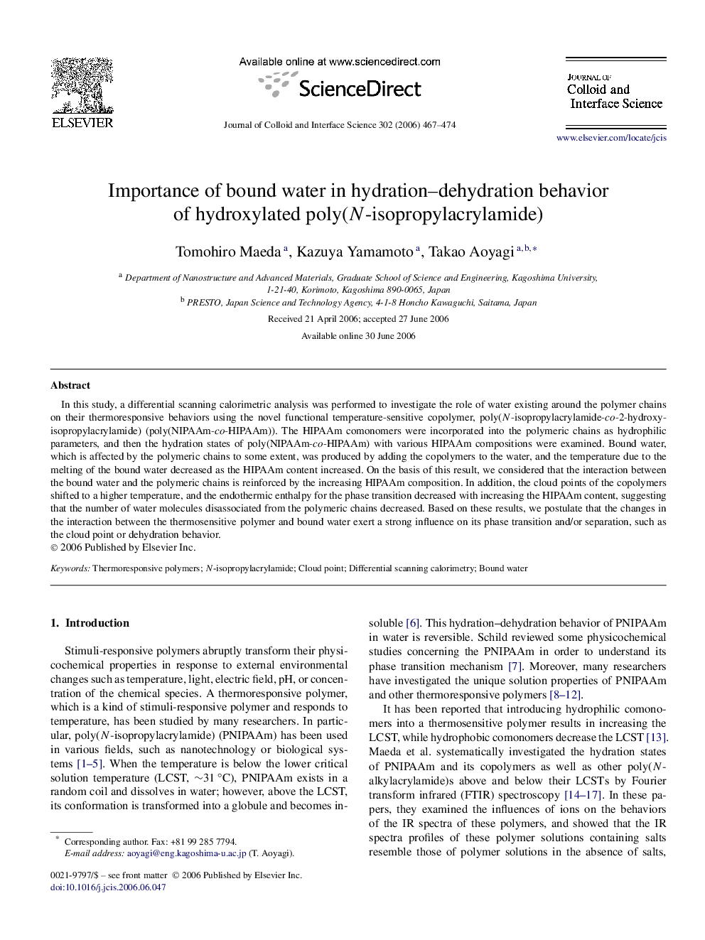 Importance of bound water in hydration–dehydration behavior of hydroxylated poly(N-isopropylacrylamide)