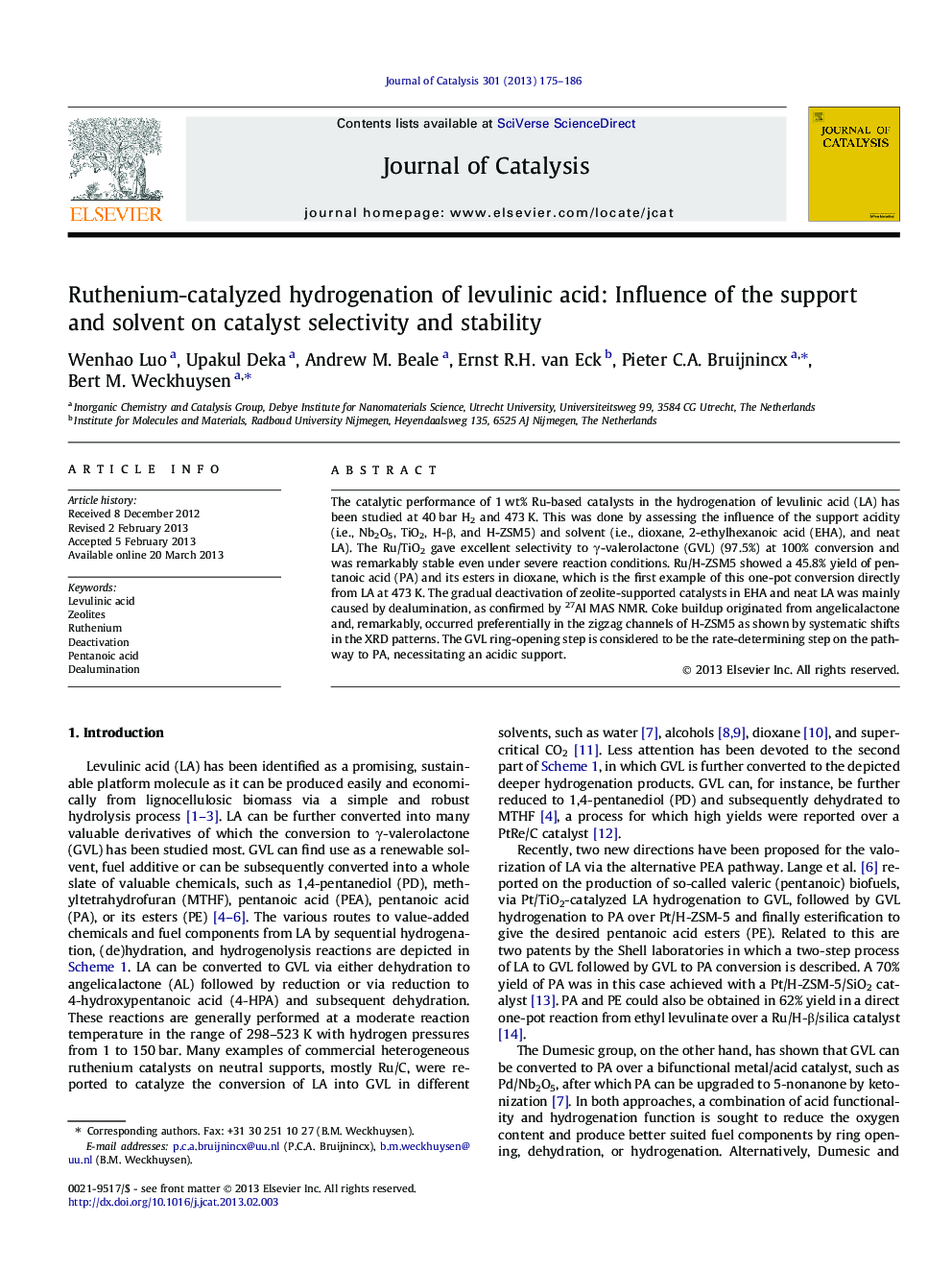 Ruthenium-catalyzed hydrogenation of levulinic acid: Influence of the support and solvent on catalyst selectivity and stability