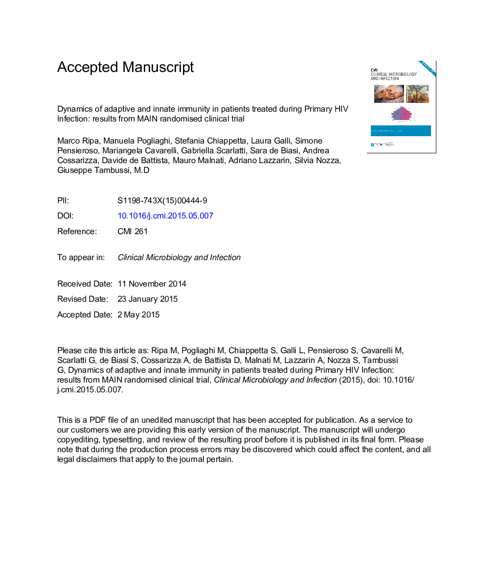 Dynamics of adaptive and innate immunity inÂ patients treated during primary human immunodeficiency virus infection: results from Maraviroc in HIV Acute Infection (MAIN) randomized clinical trial