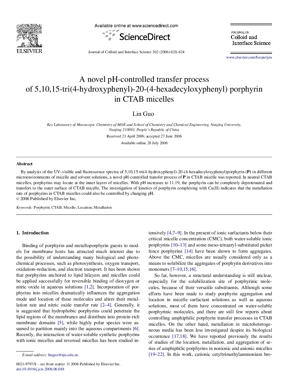 A novel pH-controlled transfer process of 5,10,15-tri(4-hydroxyphenyl)-20-(4-hexadecyloxyphenyl) porphyrin in CTAB micelles