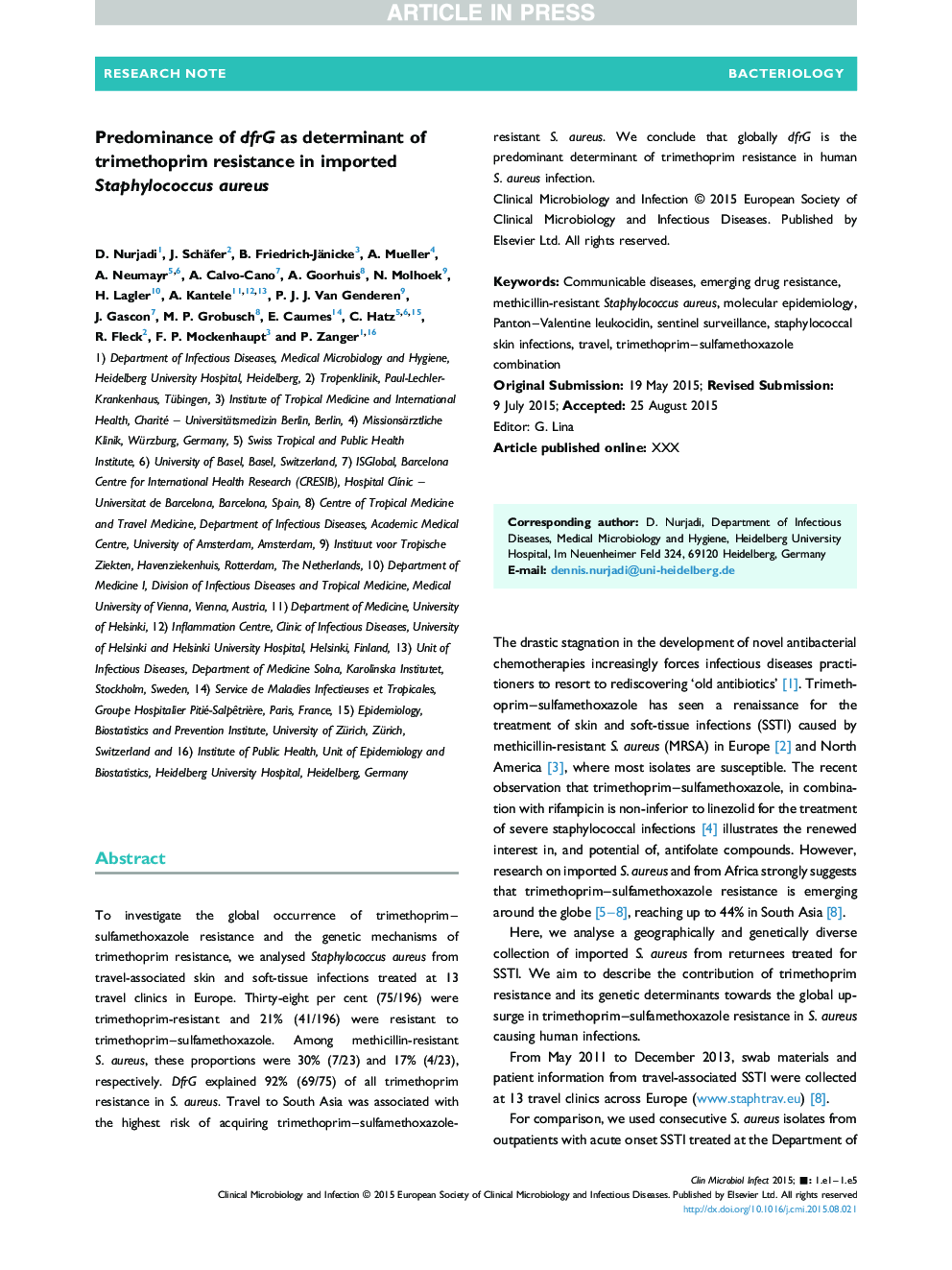 Predominance of dfrG as determinant of trimethoprim resistance in imported Staphylococcus aureus