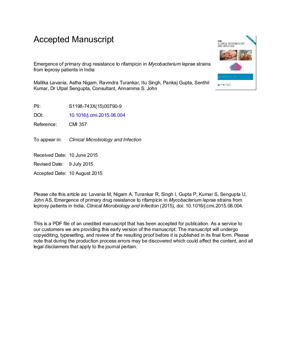 Emergence of primary drug resistance to rifampicin in Mycobacterium leprae strains from leprosy patients in India