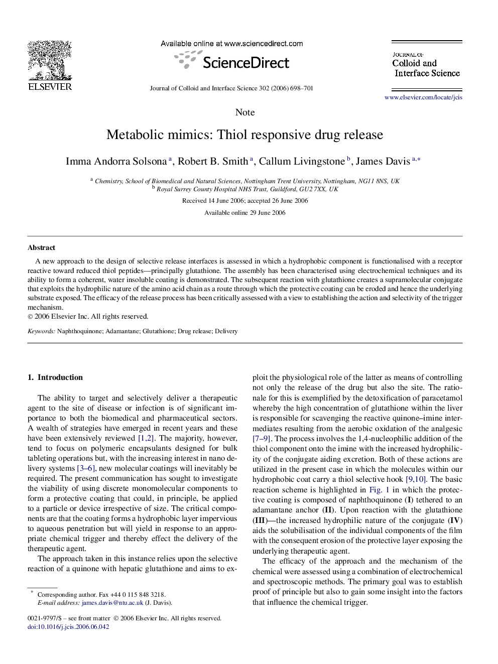 عکس صفحه اول مقاله: Metabolic mimics: Thiol responsive drug release Metabolic mimics: Thiol responsive drug release