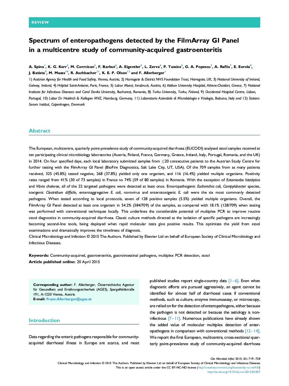 Spectrum of enteropathogens detected by the FilmArray GI Panel in a multicentre study of community-acquired gastroenteritis