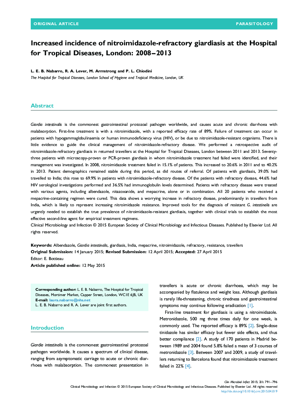 افزایش شیوع جیاردیاز مقاوم به درمان نیترویمیدازول در بیمارستان بیماری های گرمسیری در لندن 2008-2013 