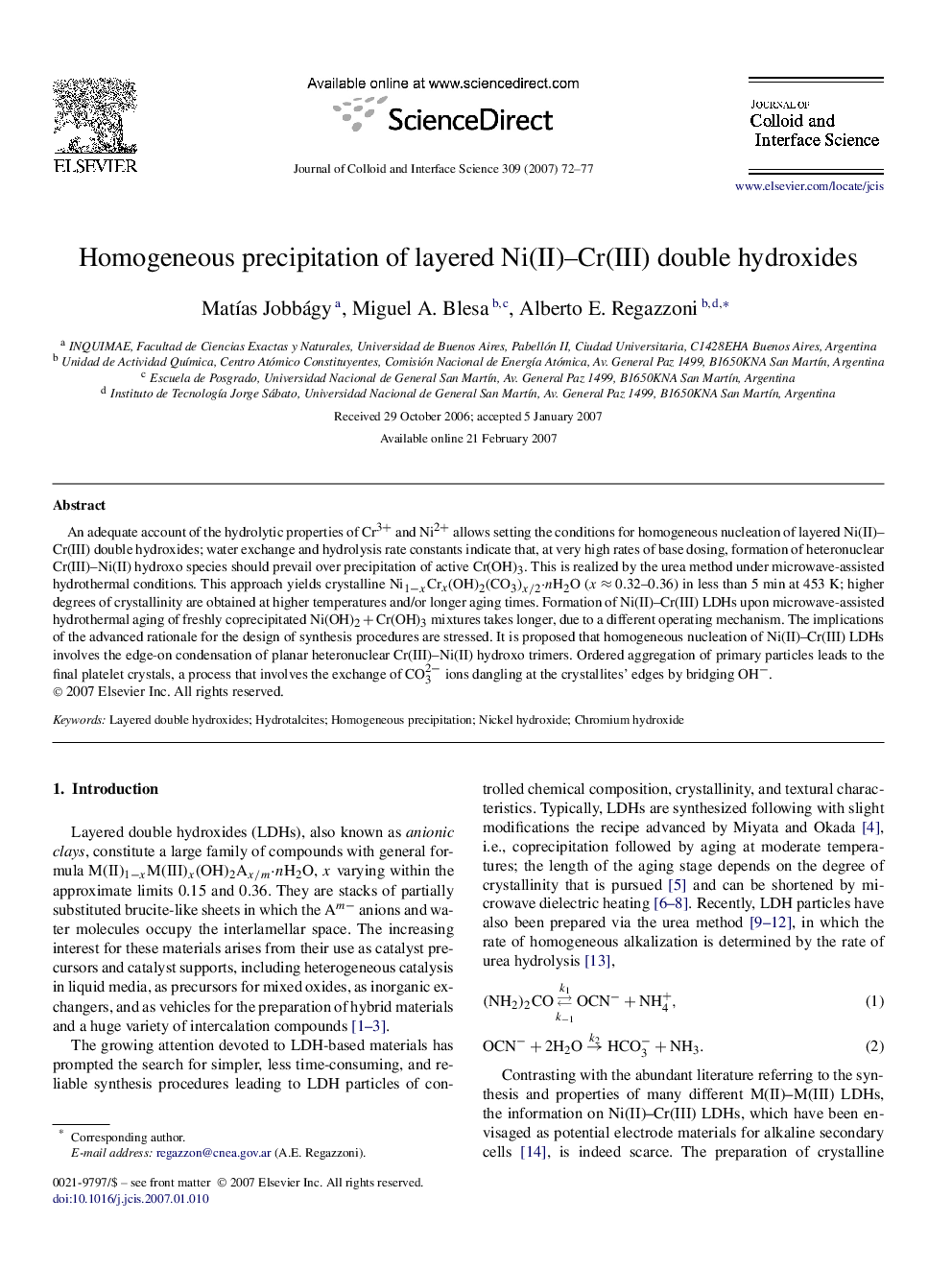 Homogeneous precipitation of layered Ni(II)–Cr(III) double hydroxides