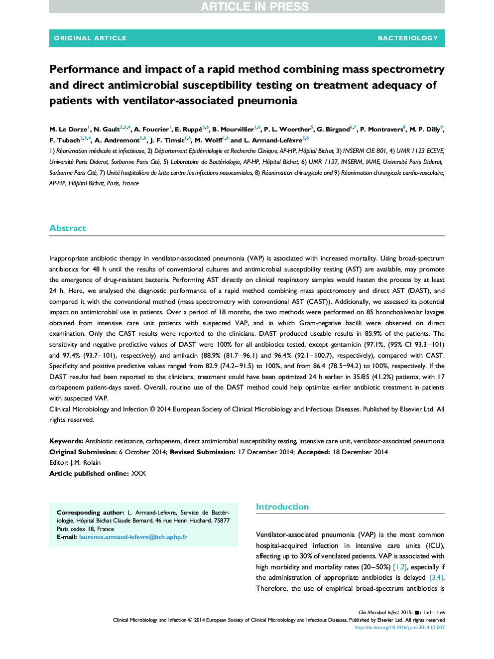 Performance and impact of a rapid method combining mass spectrometry and direct antimicrobial susceptibility testing on treatment adequacy of patients with ventilator-associated pneumonia