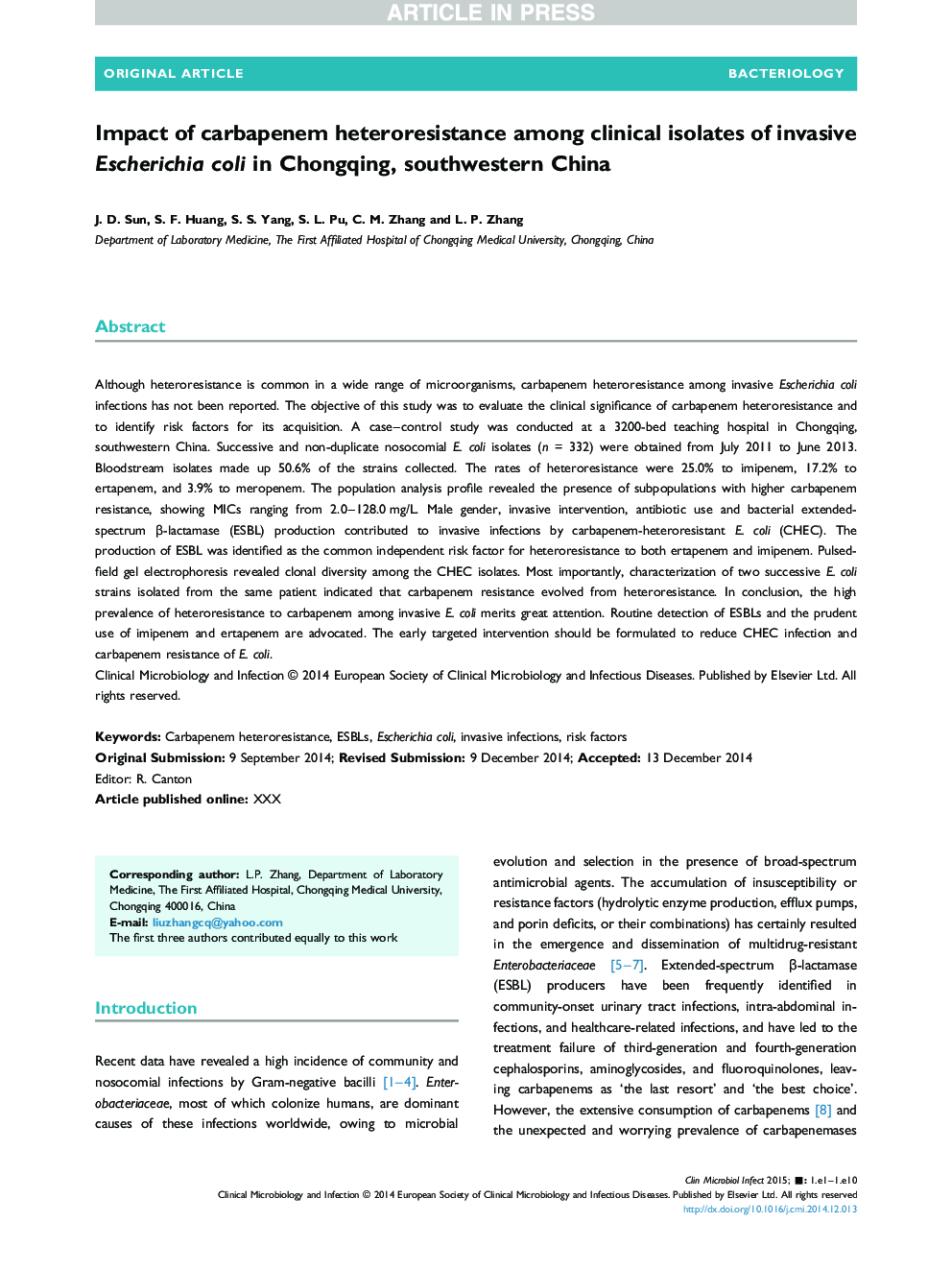 Impact of carbapenem heteroresistance among clinical isolates of invasive Escherichia coli in Chongqing, southwestern China