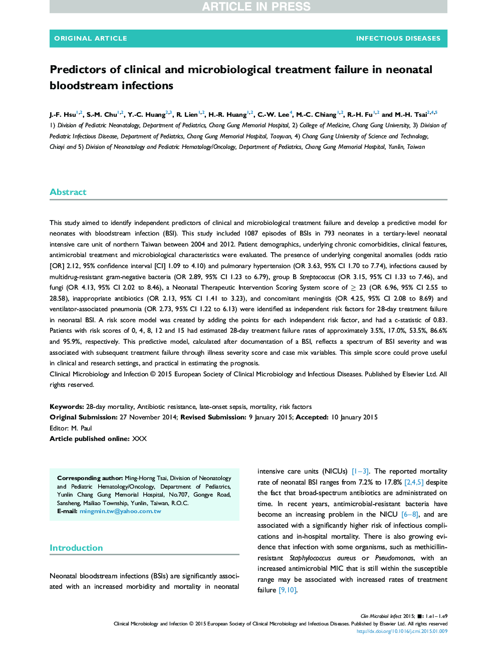 Predictors of clinical and microbiological treatment failure in neonatal bloodstream infections