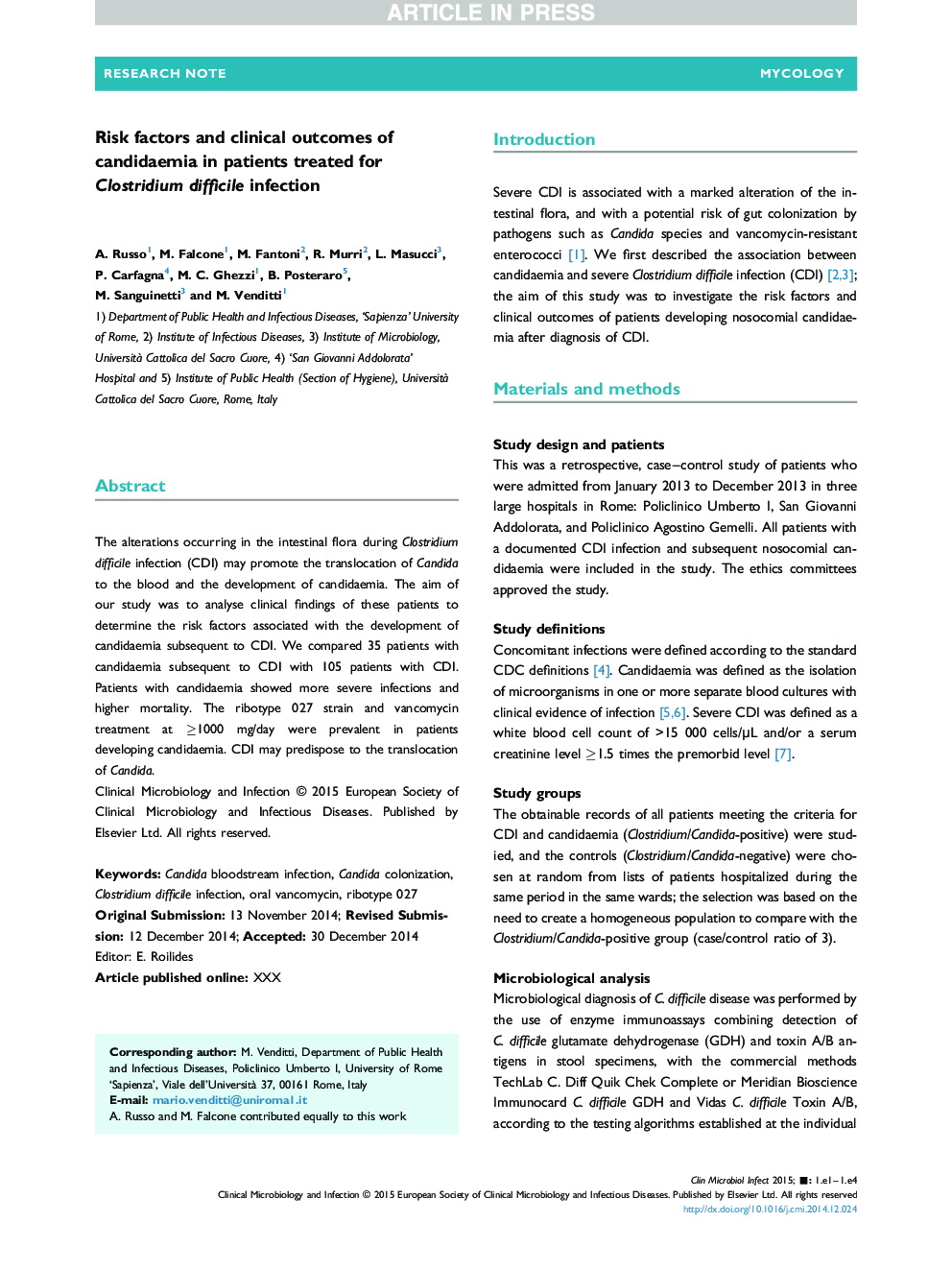 Risk factors and clinical outcomes of candidaemia in patients treated for Clostridium difficile infection