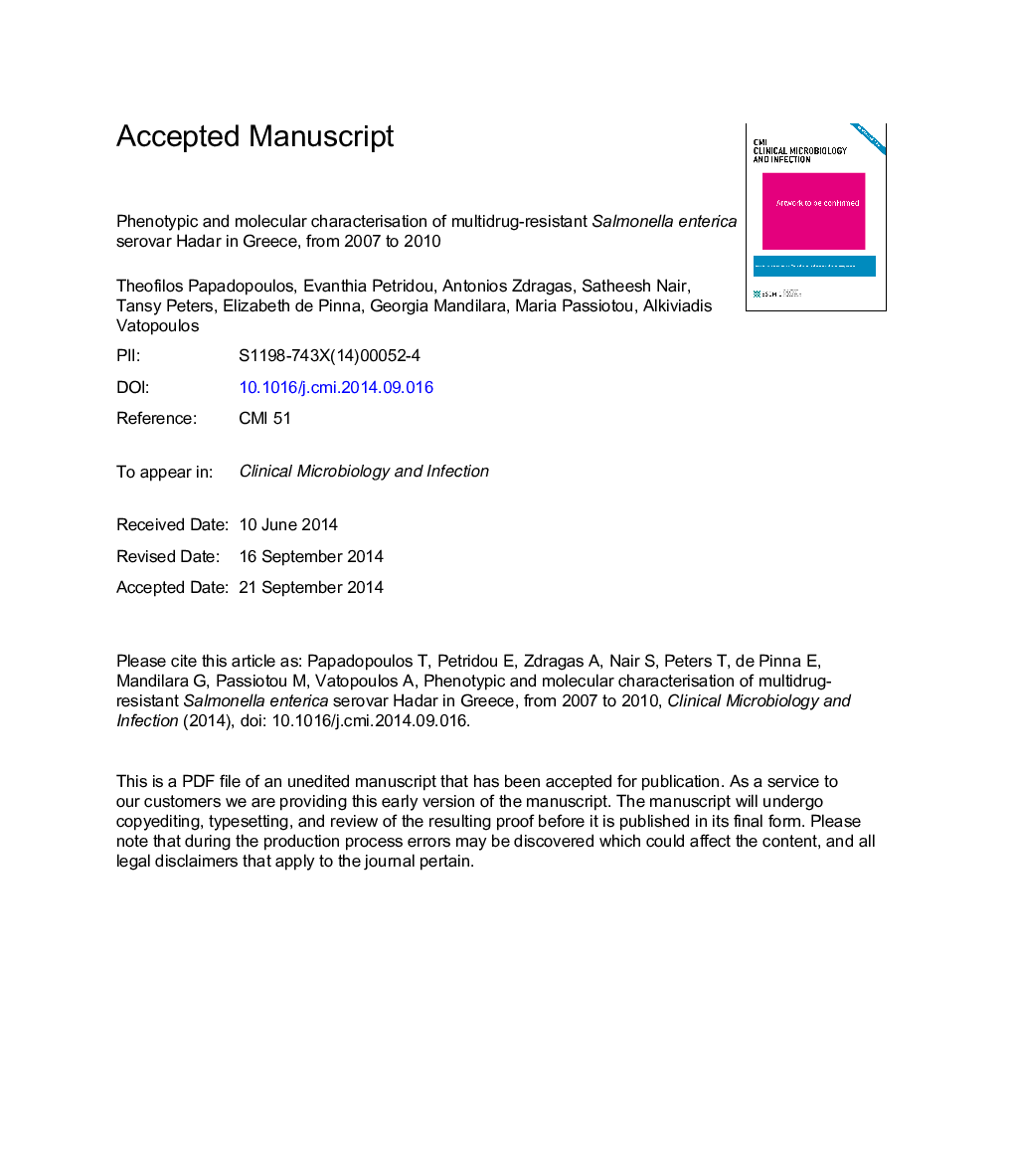 Phenotypic and molecular characterization of multidrug-resistant Salmonella enterica serovar Hadar in Greece, from 2007 to 2010