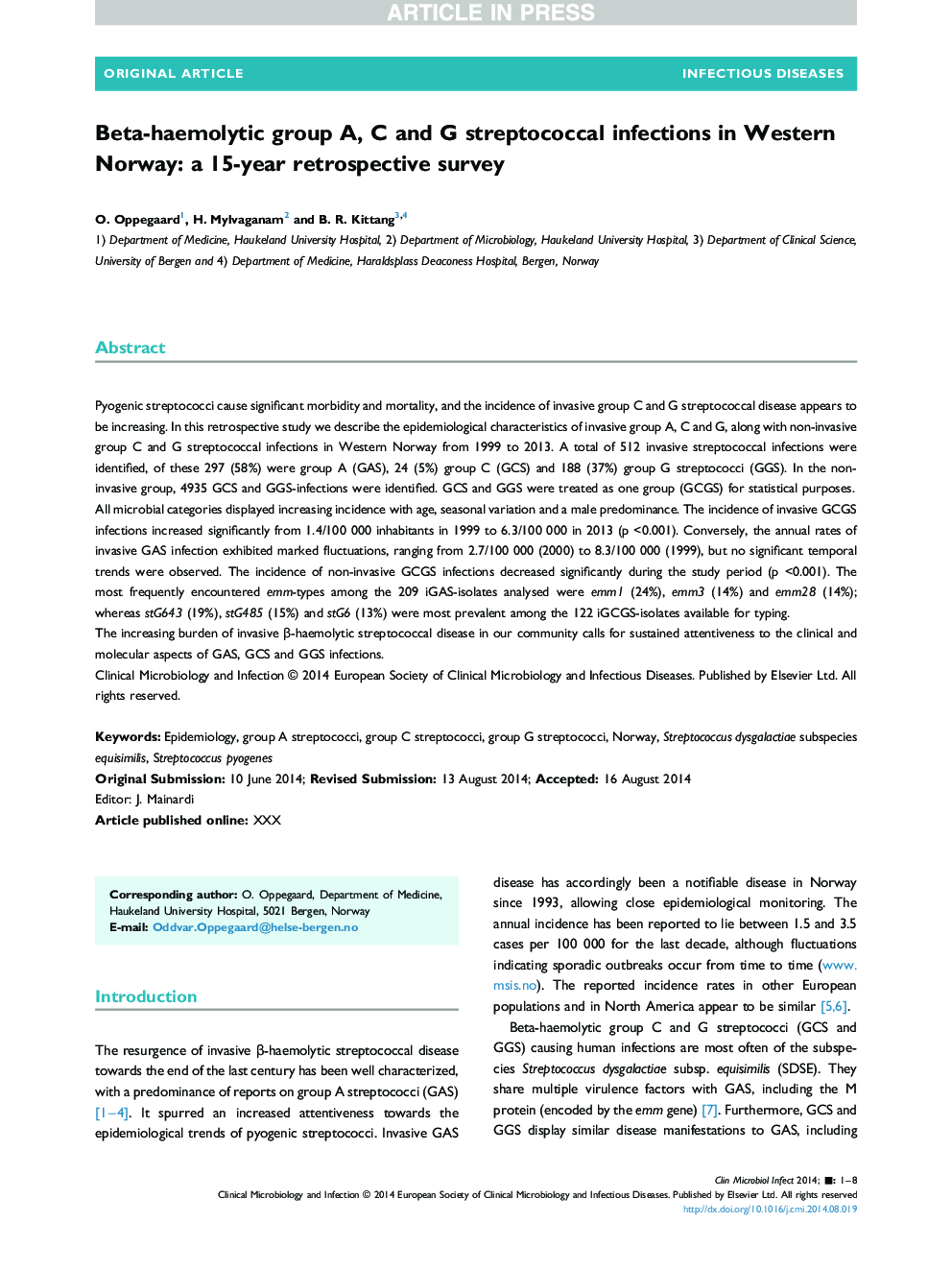 Beta-haemolytic group A, C and G streptococcal infections in Western Norway: a 15-year retrospective survey