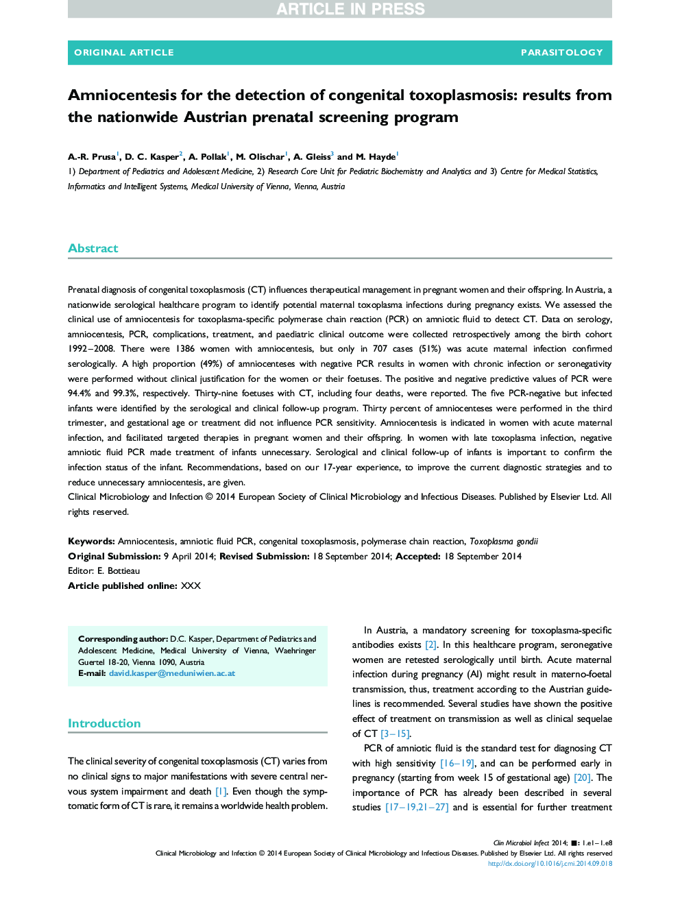 Amniocentesis for the detection of congenital toxoplasmosis: results from the nationwide Austrian prenatal screening program