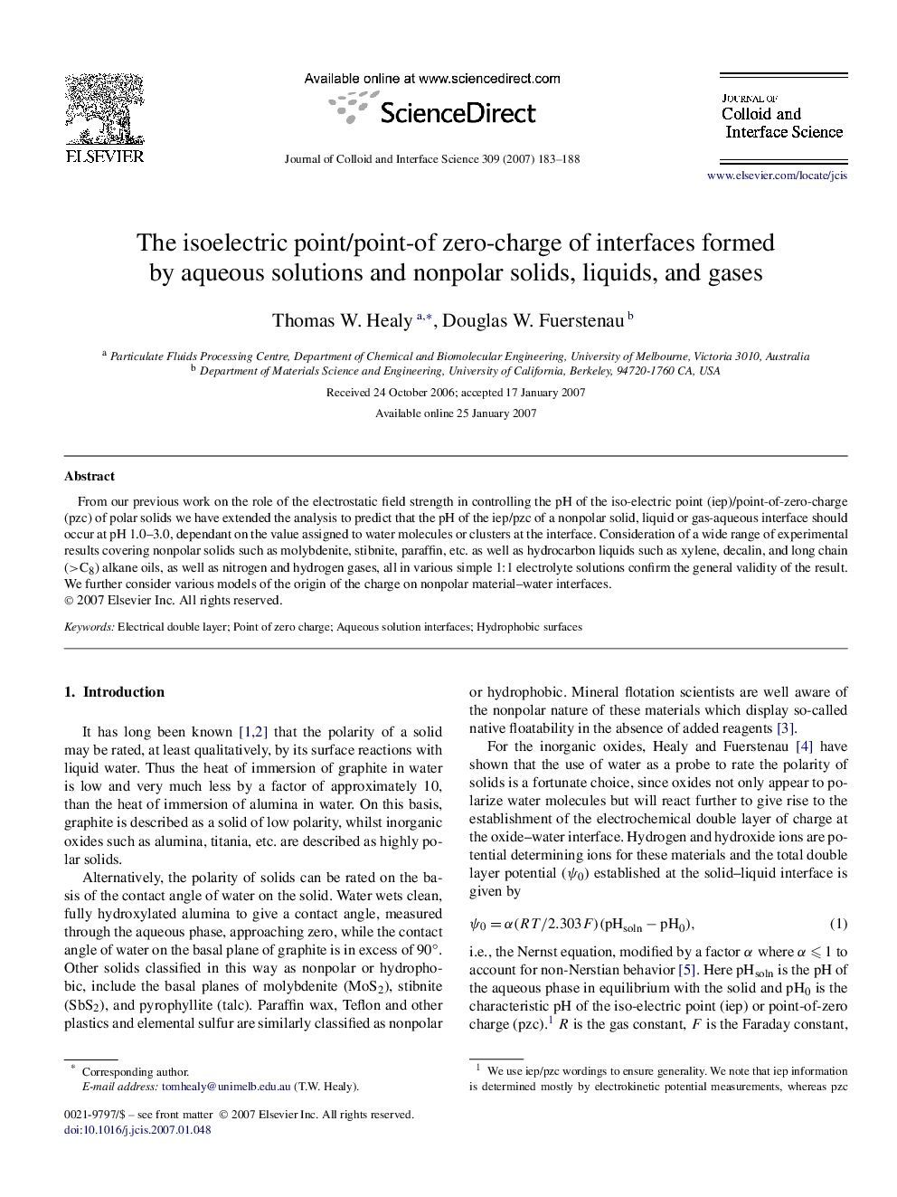 The isoelectric point/point-of zero-charge of interfaces formed by aqueous solutions and nonpolar solids, liquids, and gases