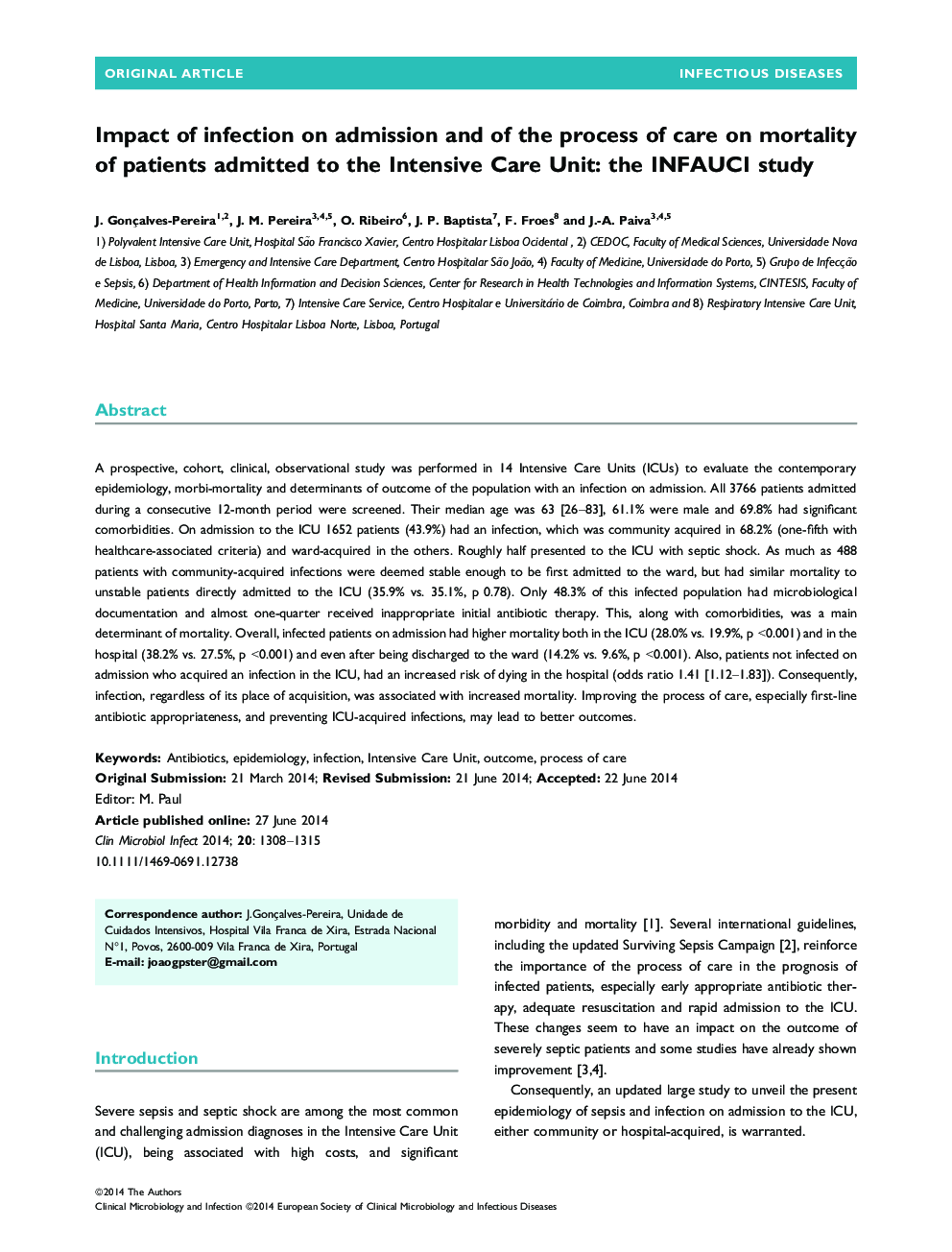 Impact of infection on admission and of the process of care on mortality of patients admitted to the Intensive Care Unit: the INFAUCI study