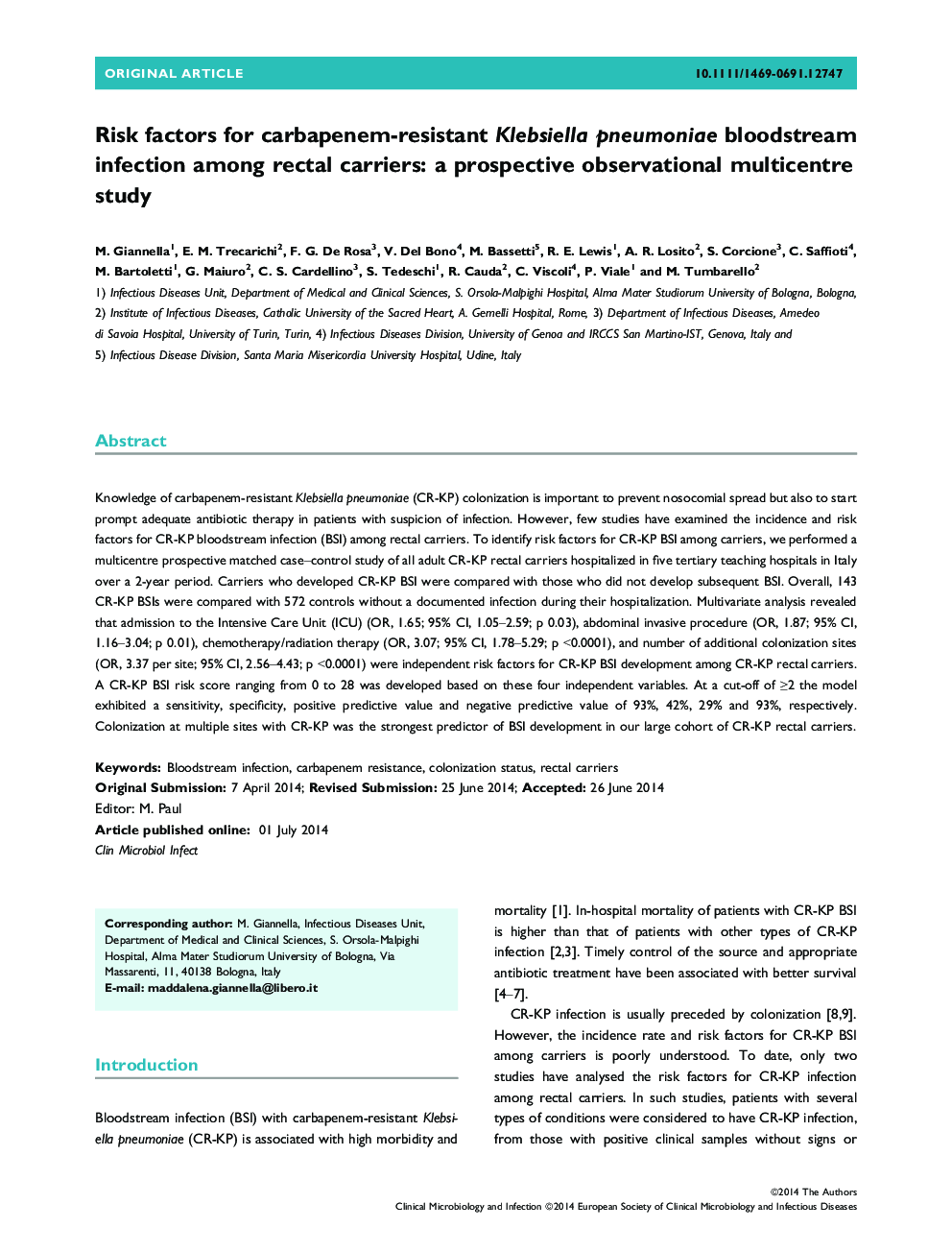 عوامل خطر برای عفونت کلاسیسیلا پنومونیه مقاوم در برابر کرباپنم در حامل های رکتوم: یک مطالعه چند محوری مشاهده نهایی 
