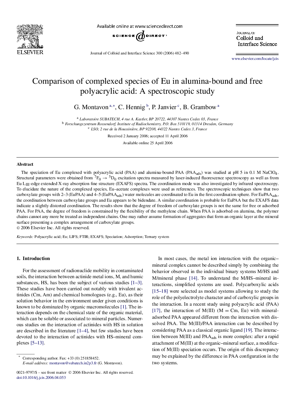 Comparison of complexed species of Eu in alumina-bound and free polyacrylic acid: A spectroscopic study