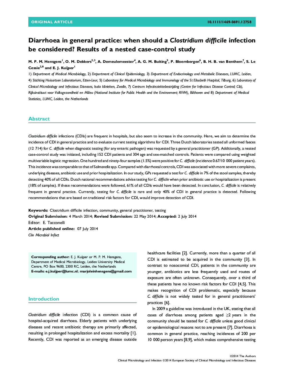 Diarrhoea in general practice: when should a Clostridium difficile infection be considered? Results of a nested case-control study