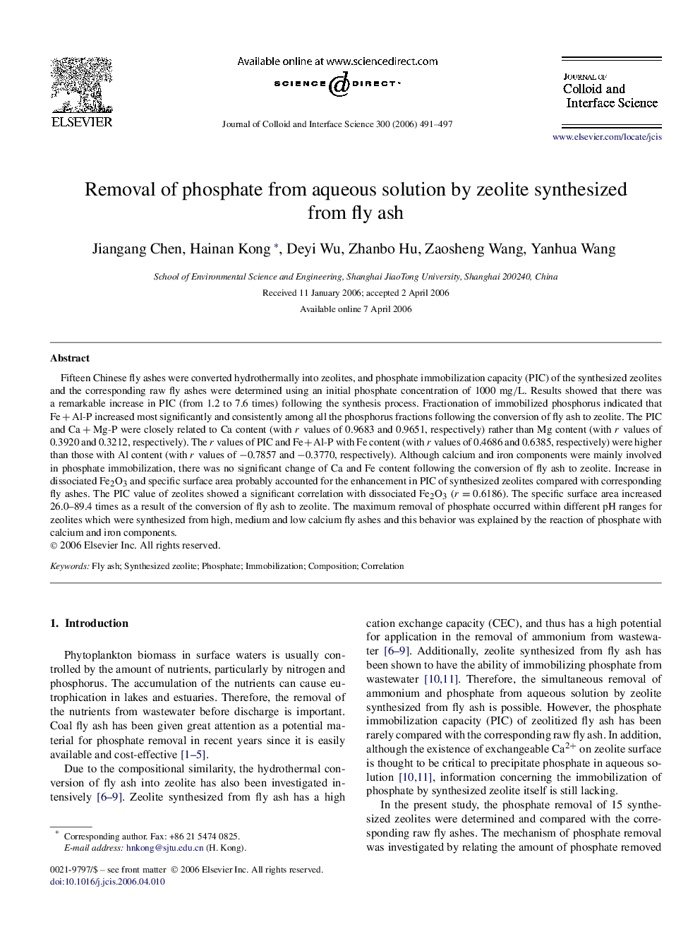 عکس صفحه اول مقاله: Removal of phosphate from aqueous solution by zeolite synthesized from fly ash Removal of phosphate from aqueous solution by zeolite synthesized from fly ash