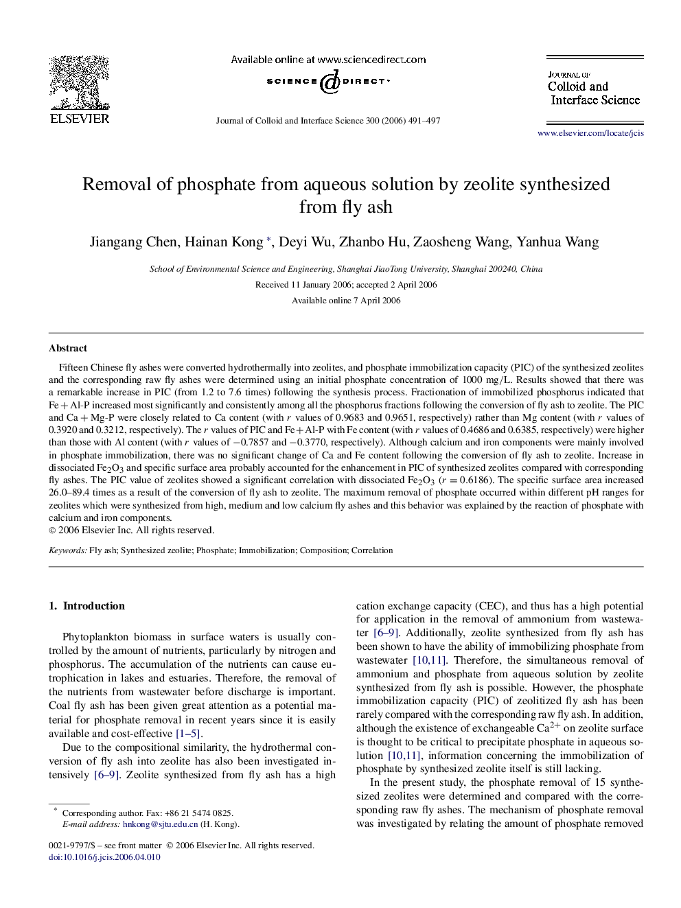 Removal of phosphate from aqueous solution by zeolite synthesized from fly ash