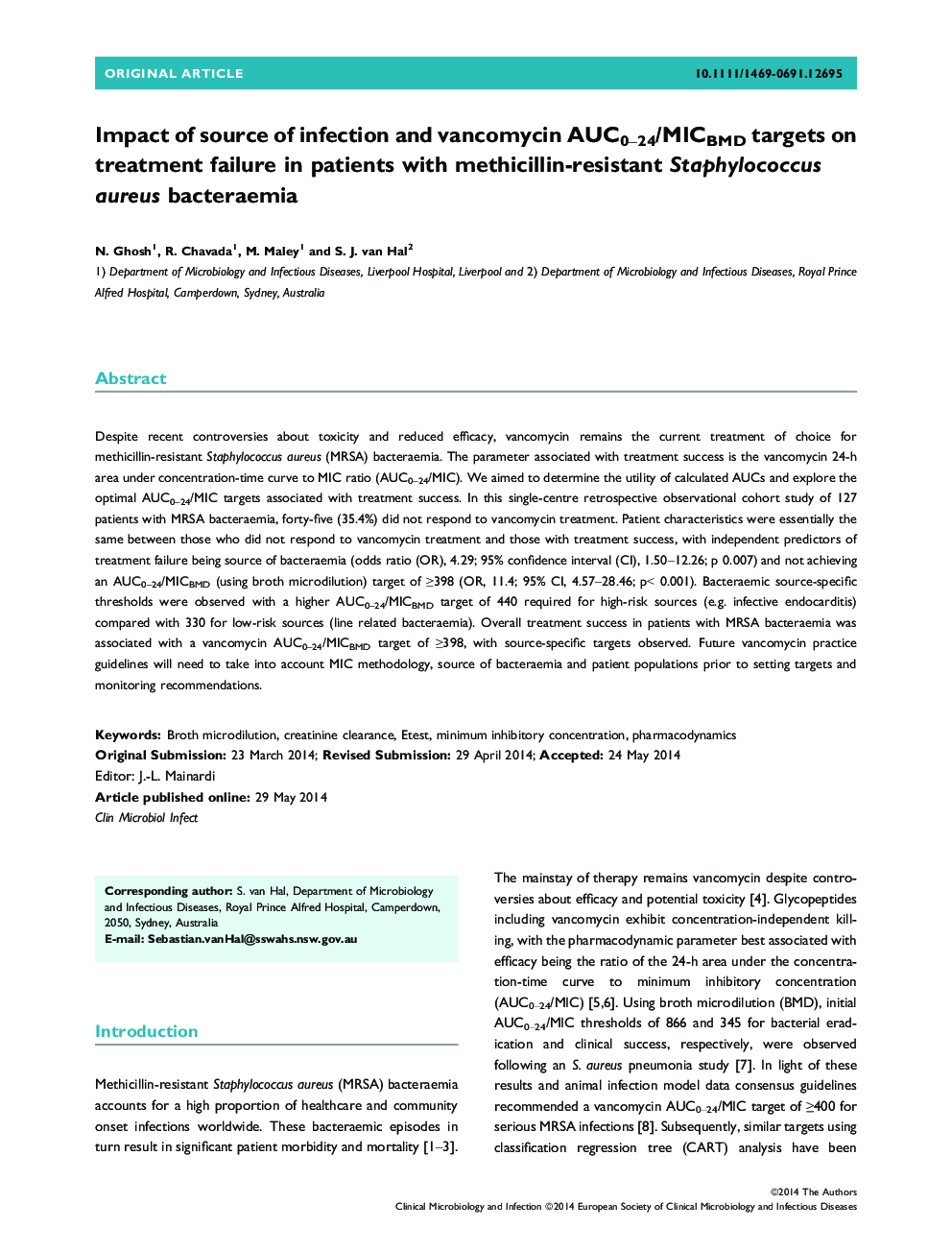 Impact of source of infection and vancomycin AUC0-24/MICBMD targets on treatment failure in patients with methicillin-resistant Staphylococcus aureus bacteraemia