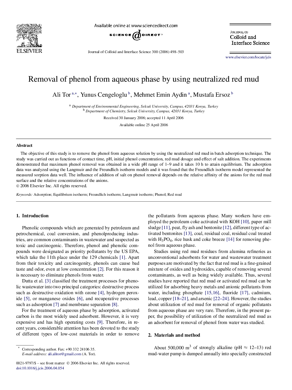 Removal of phenol from aqueous phase by using neutralized red mud
