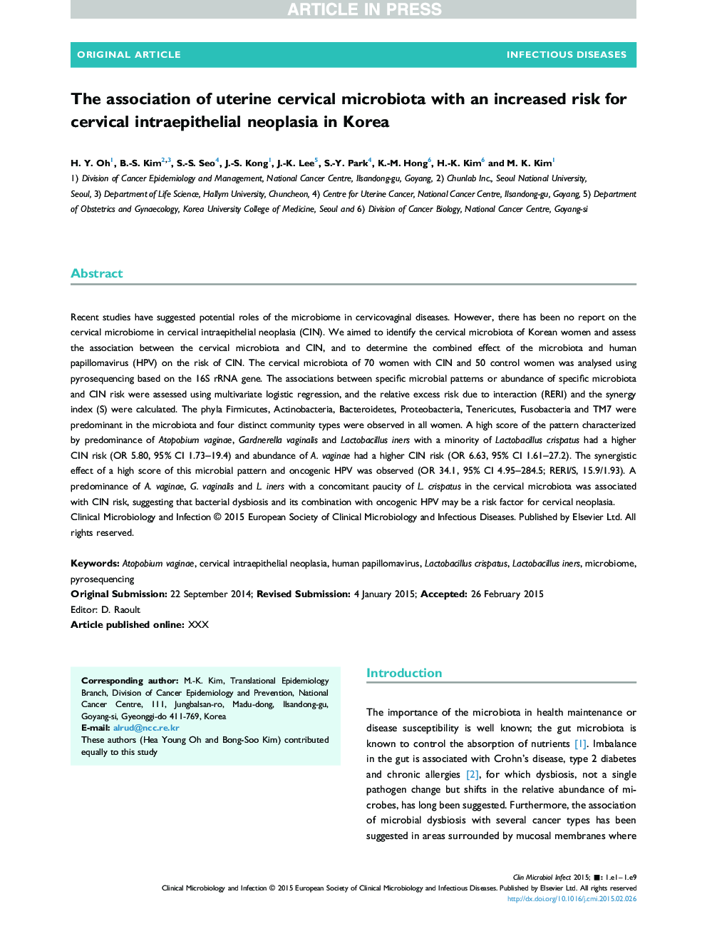 The association of uterine cervical microbiota with an increased risk for cervical intraepithelial neoplasia in Korea