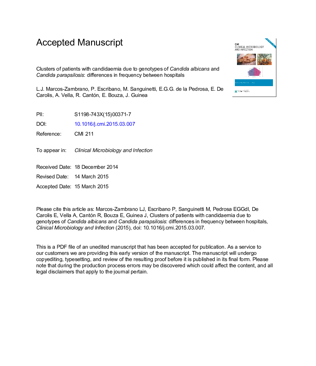 خوشه های بیماران مبتلا به کاندیدایی به علت ژنوتیپ های کاندیدا آلبیکنس و کاندیدا پاراپسیلوس: تفاوت های فراوانی بین بیمارستان ها 