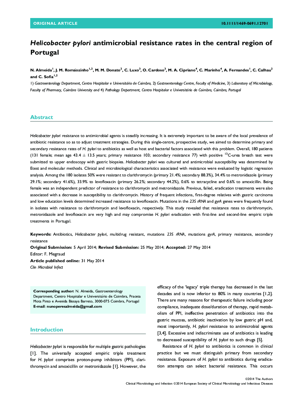 Helicobacter pylori antimicrobial resistance rates in the central region of Portugal