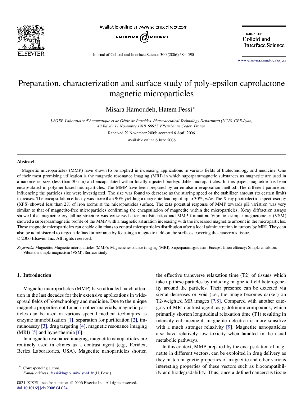 Preparation, characterization and surface study of poly-epsilon caprolactone magnetic microparticles