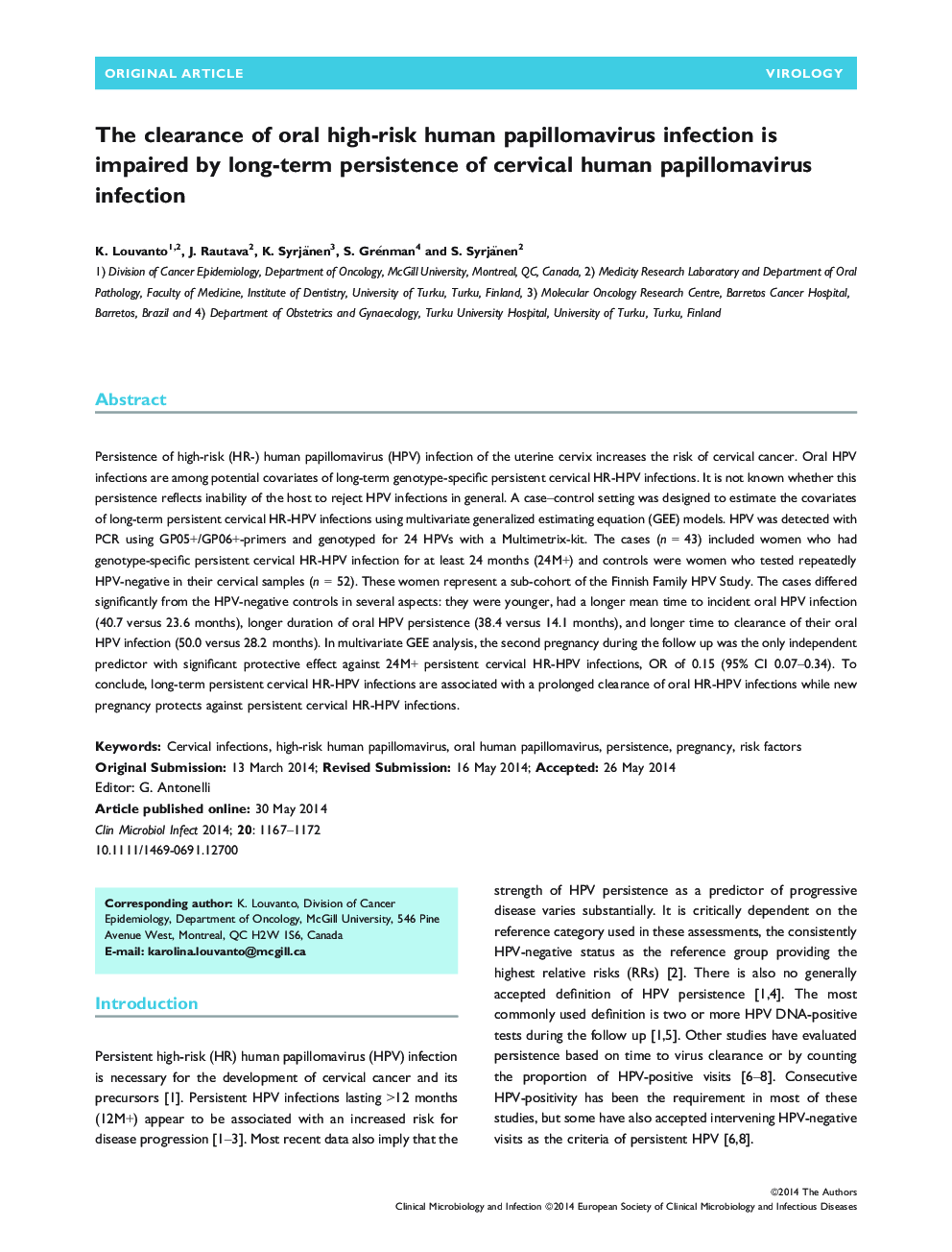 The clearance of oral high-risk human papillomavirus infection is impaired by long-term persistence of cervical human papillomavirus infection