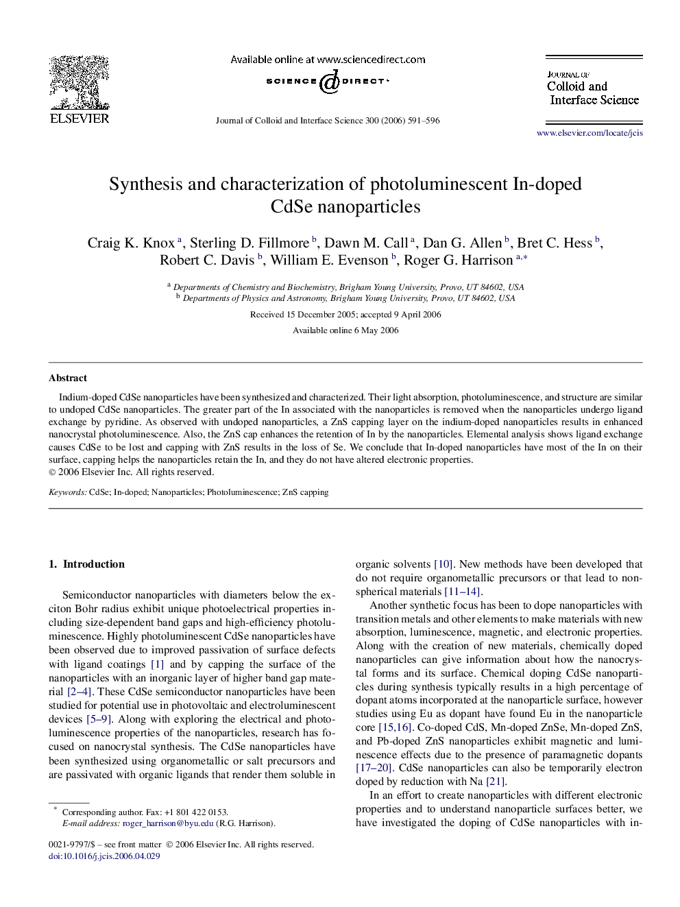 Synthesis and characterization of photoluminescent In-doped CdSe nanoparticles