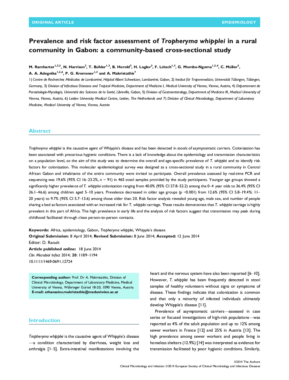 Prevalence and risk factor assessment of Tropheryma whipplei in a rural community in Gabon: a community-based cross-sectional study