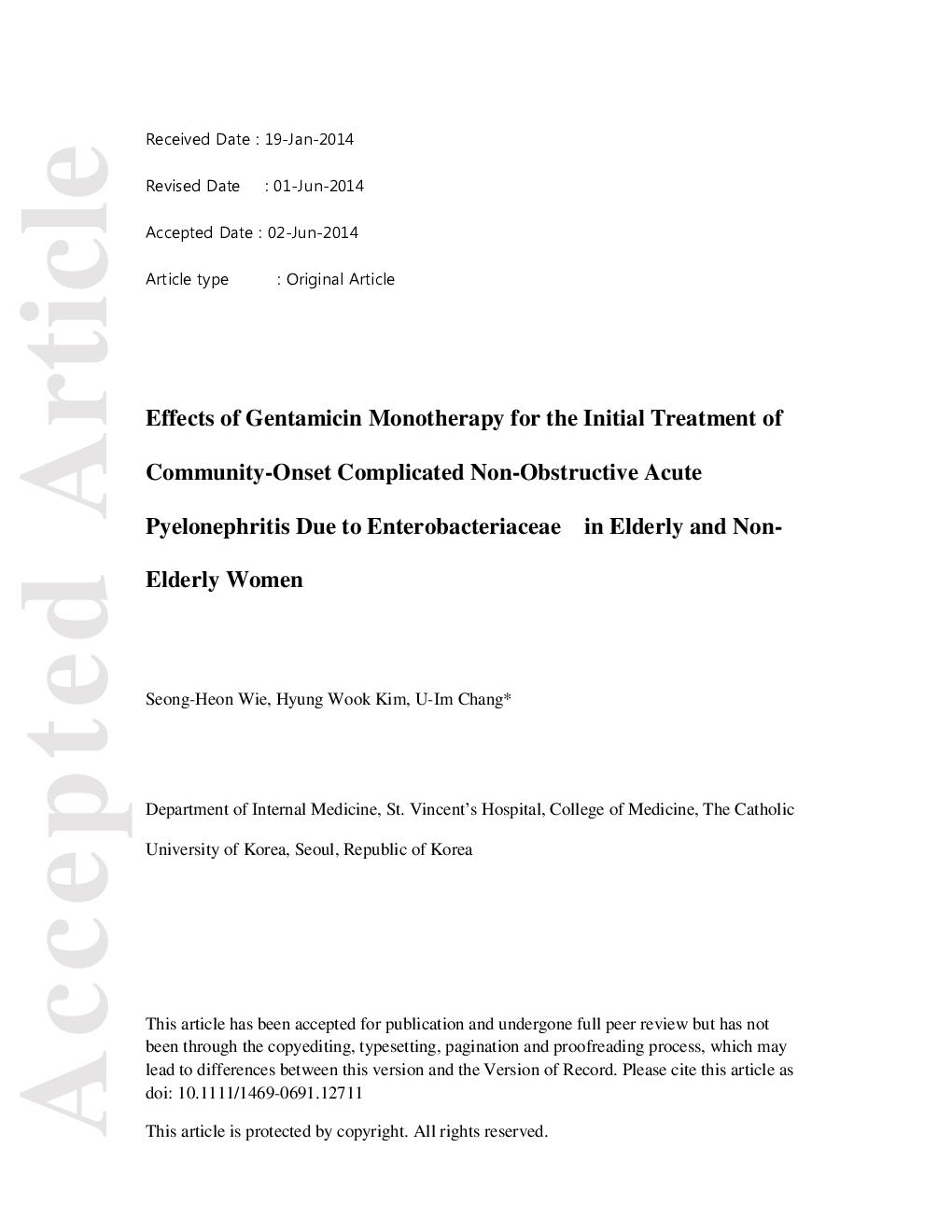 عکس صفحه اول مقاله: Effects of gentamicin monotherapy for the initial treatment of community-onset complicated non-obstructive acute pyelonephritis due to Enterobacteriaceae in elderly and non-elderly women Effects of gentamicin monotherapy for the initial treatment of community-onset complicated non-obstructive acute pyelonephritis due to Enterobacteriaceae in elderly and non-elderly women