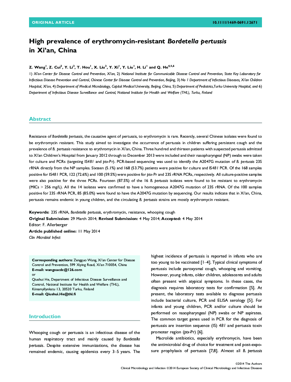 High prevalence of erythromycin-resistant Bordetella pertussis in Xi'an, China