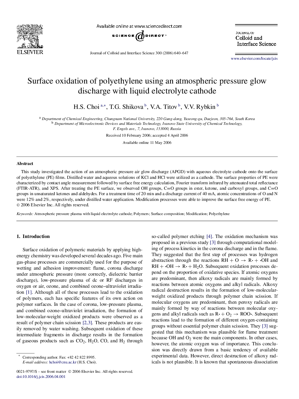 Surface oxidation of polyethylene using an atmospheric pressure glow discharge with liquid electrolyte cathode