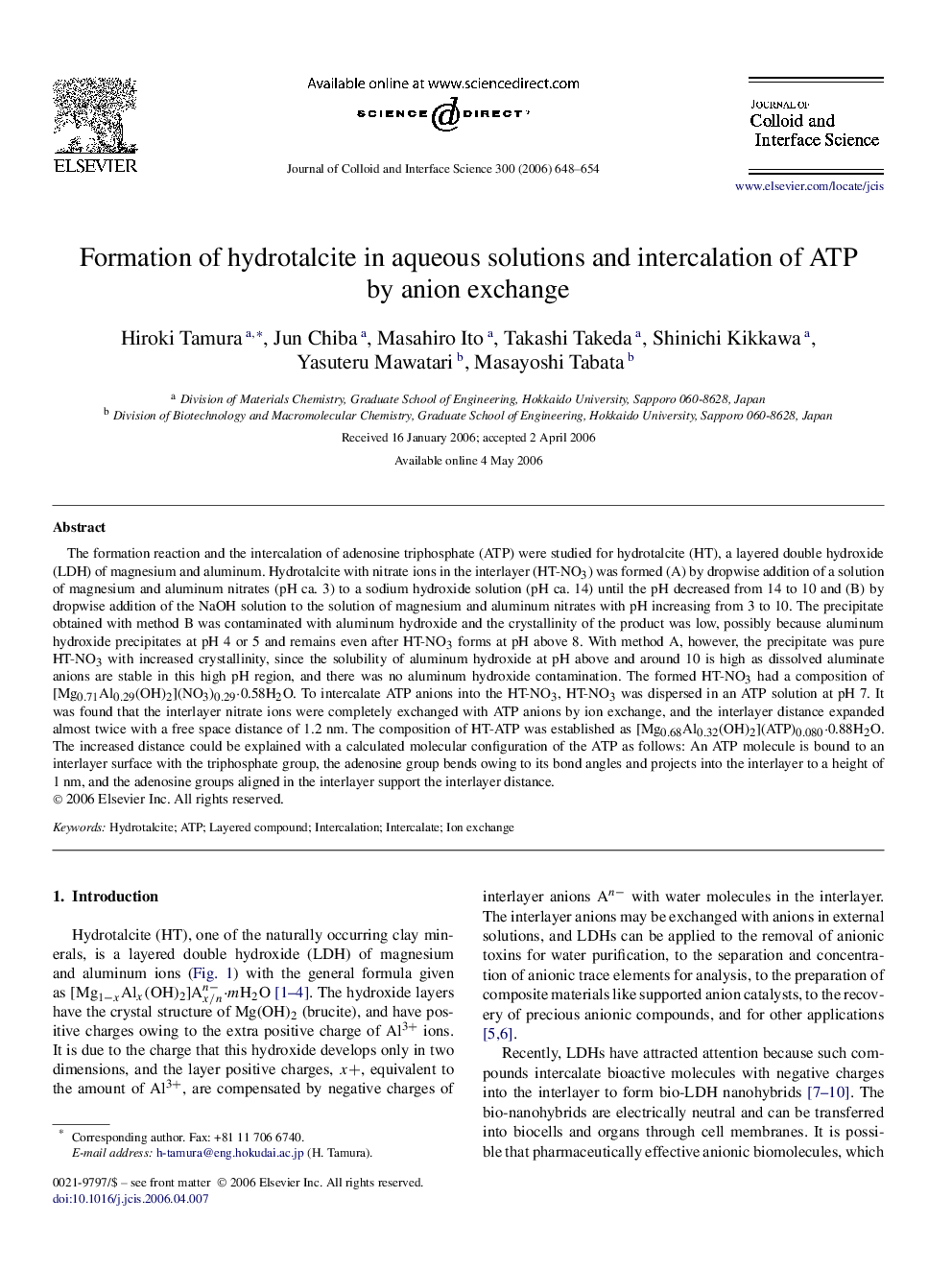 Formation of hydrotalcite in aqueous solutions and intercalation of ATP by anion exchange