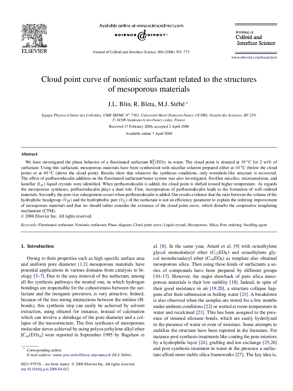 Cloud point curve of nonionic surfactant related to the structures of mesoporous materials