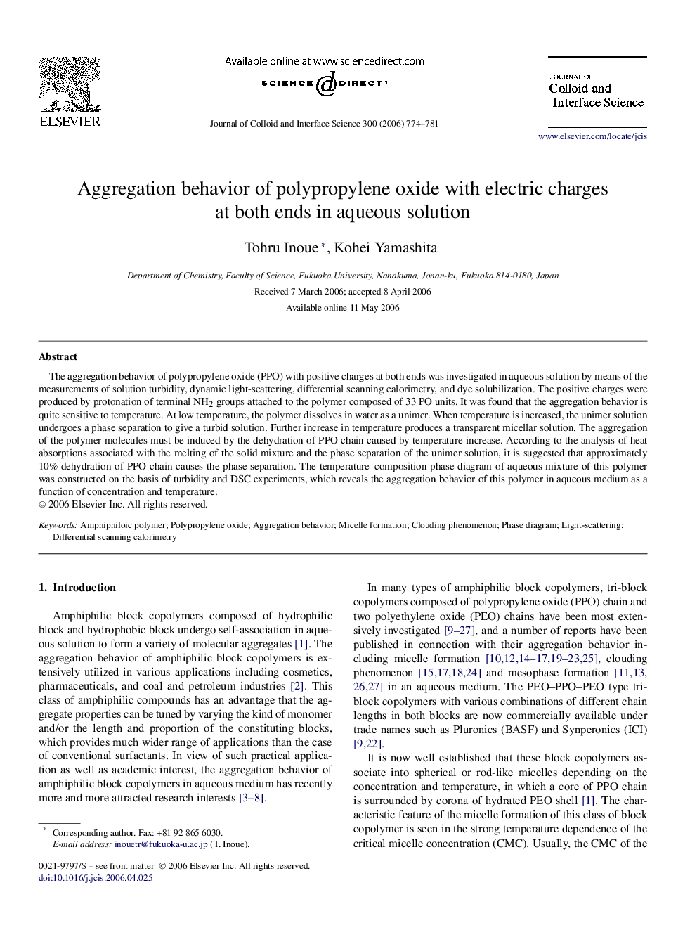 Aggregation behavior of polypropylene oxide with electric charges at both ends in aqueous solution